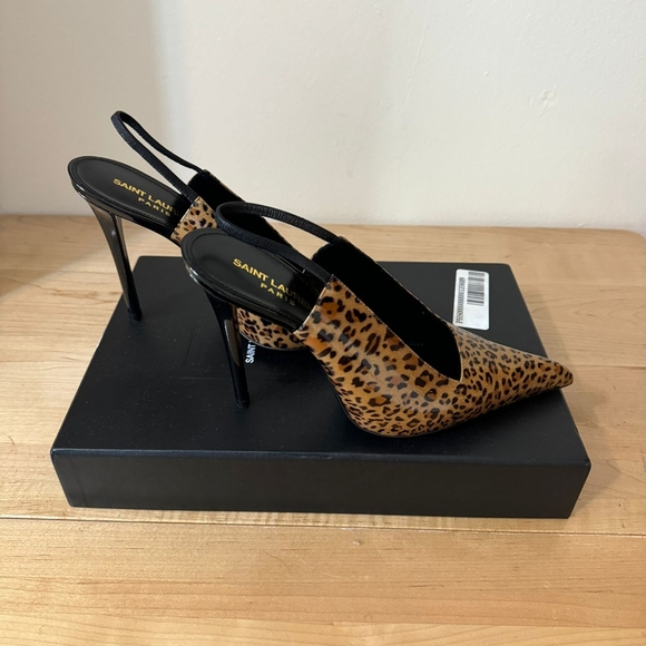 NIB Saint Laurent Raven Slingback Pumps In Leopard print Patent Leather 38 (8) - Picture 3 of 7